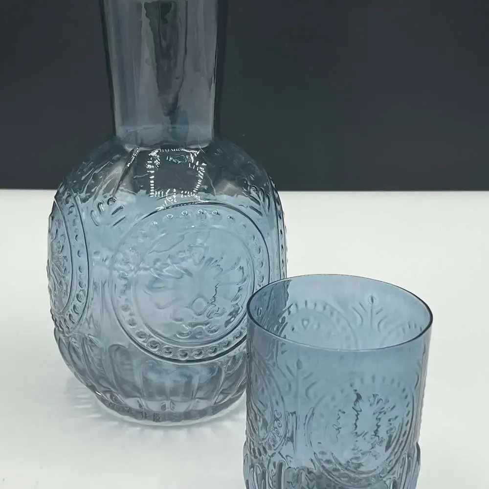 NWOT Art Glass Smokey Blue Embossed Pressed Design Tumble Up Set As Is